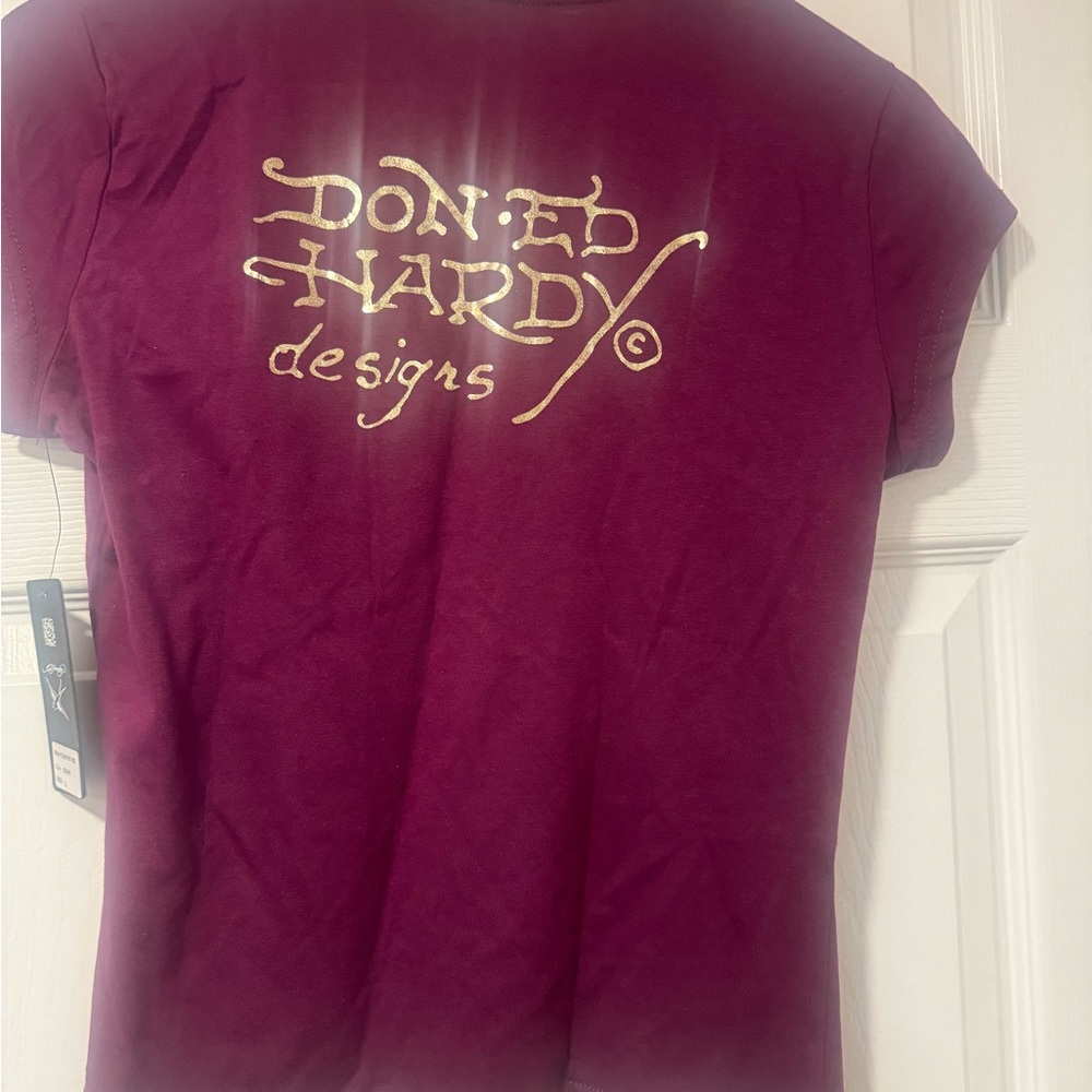 Ed Hardy Maroon baby tee with Gold Script - Picture 6 of 6